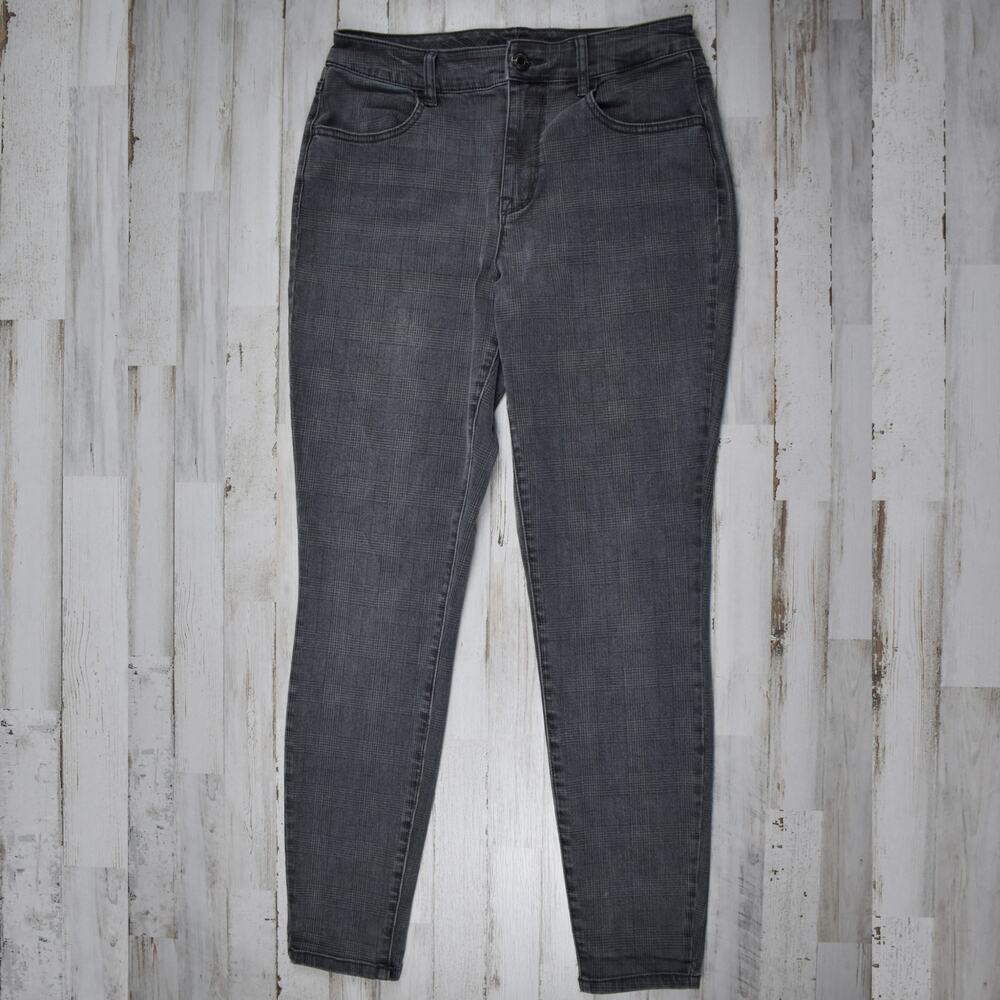 Maurices Large High Rise Skinny Jeans Gray Plaid Stretch Denim Punk Grunge Biker